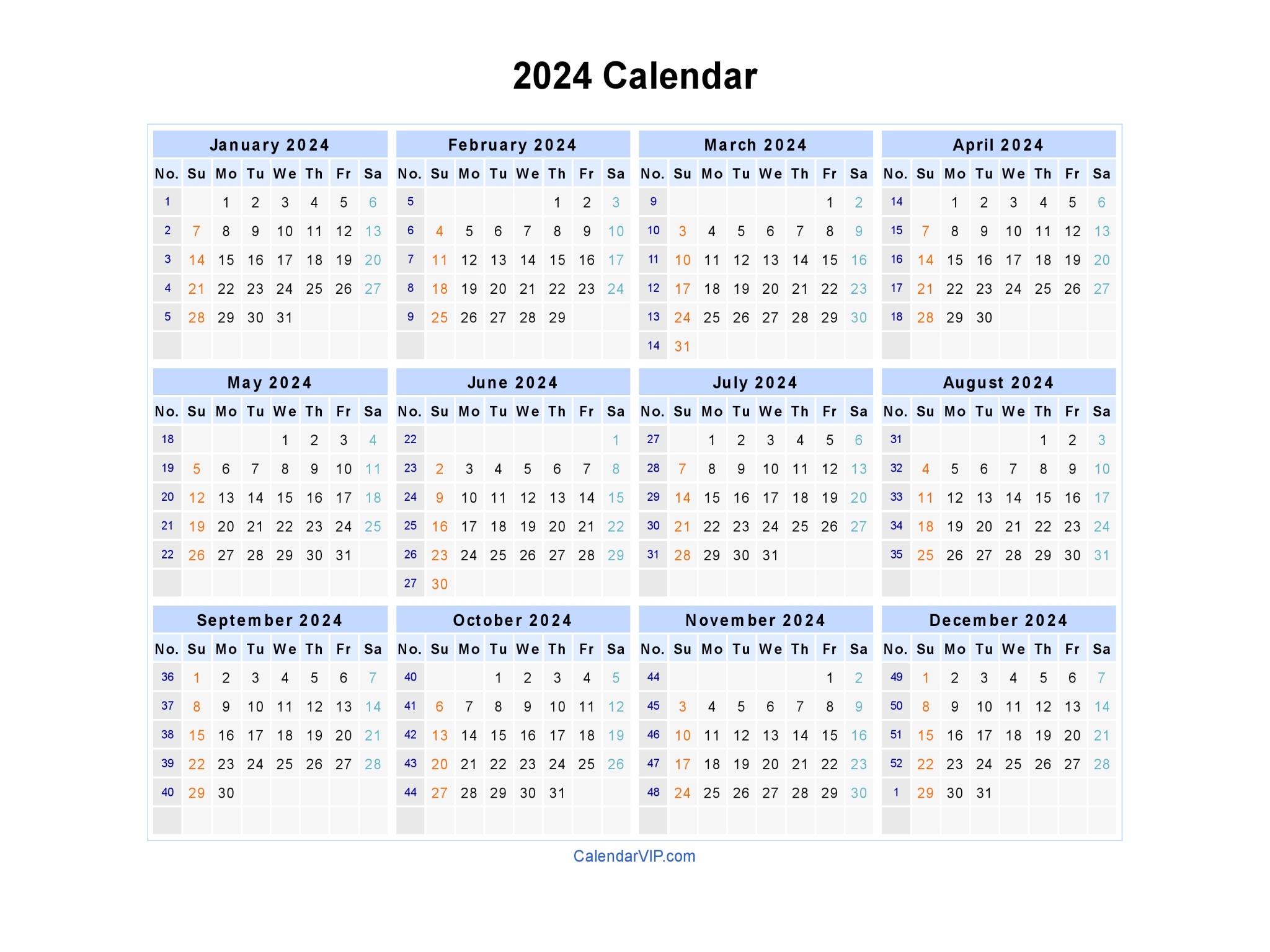 large printable numbers for calendar 2024 52