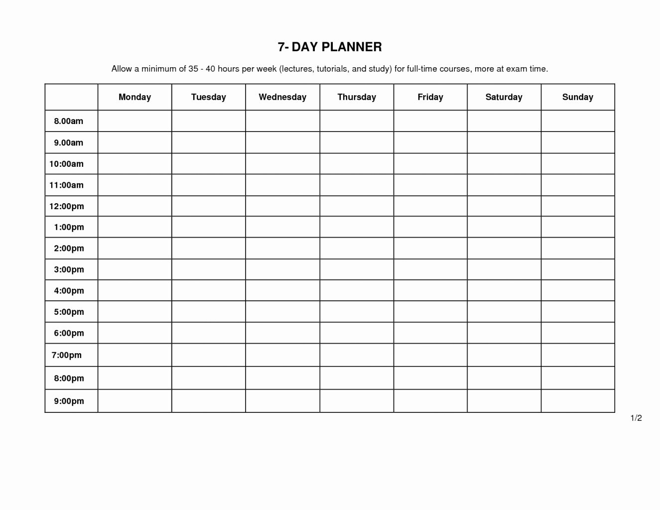 work planner monday to friday 12