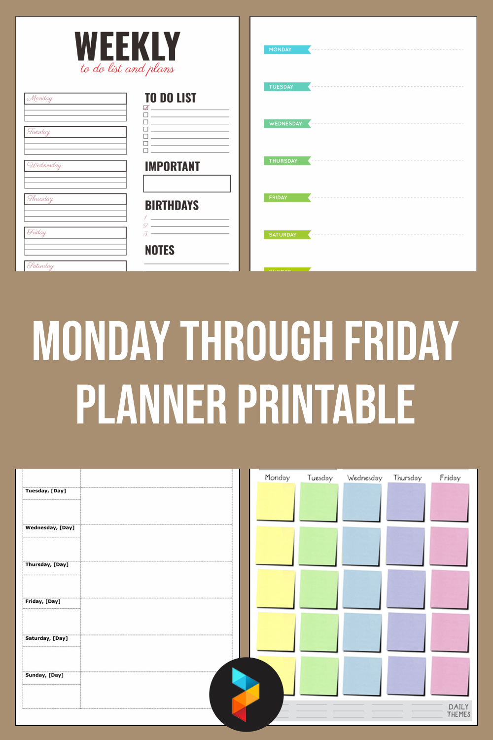 work planner monday to friday 6