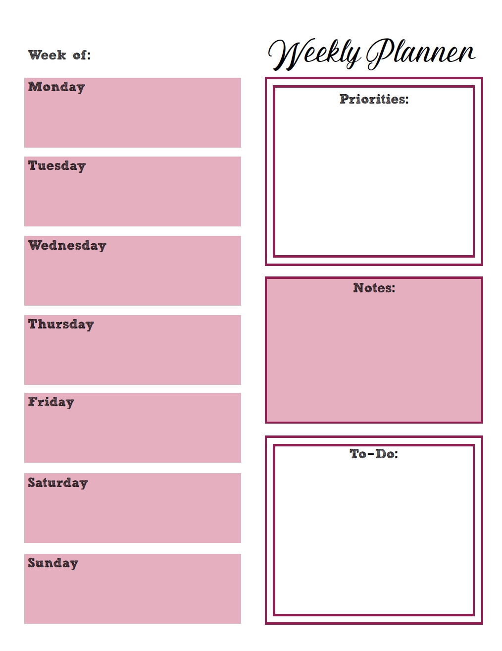 work planner monday to friday 63