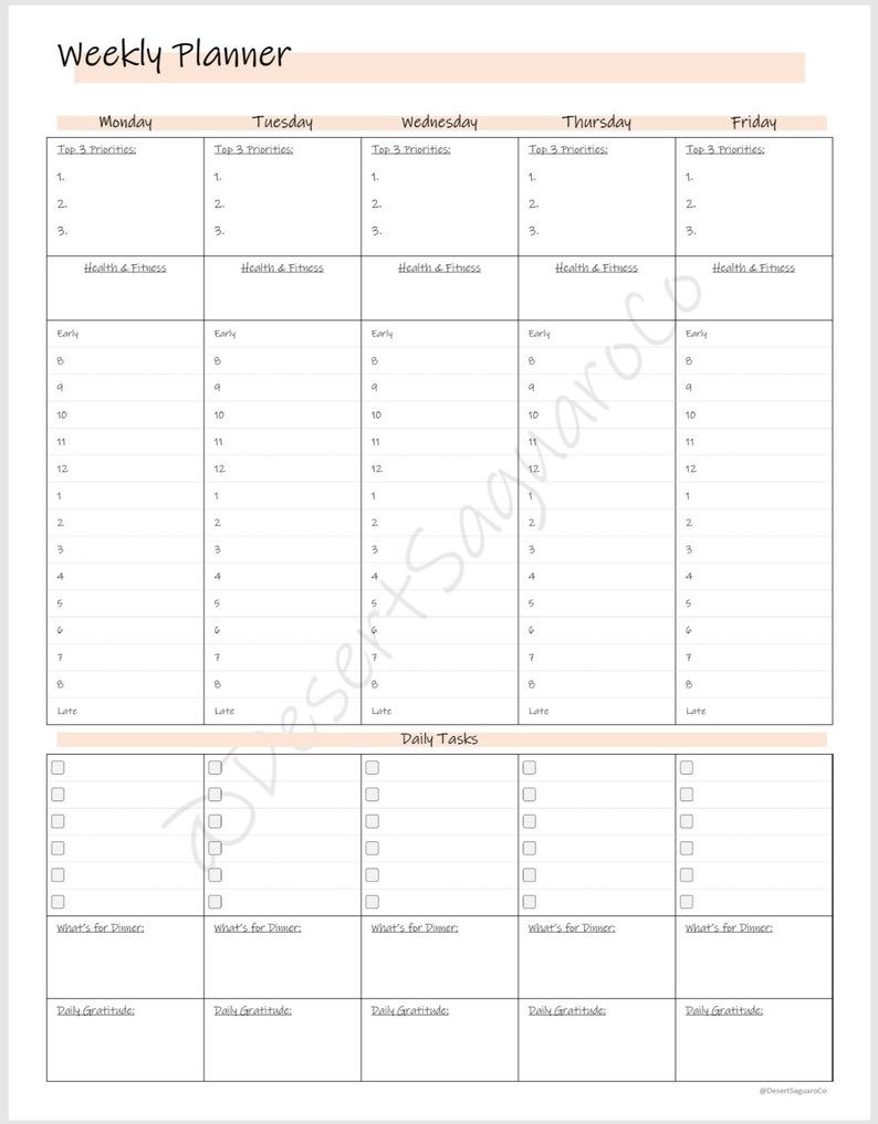 work planner monday to friday 70