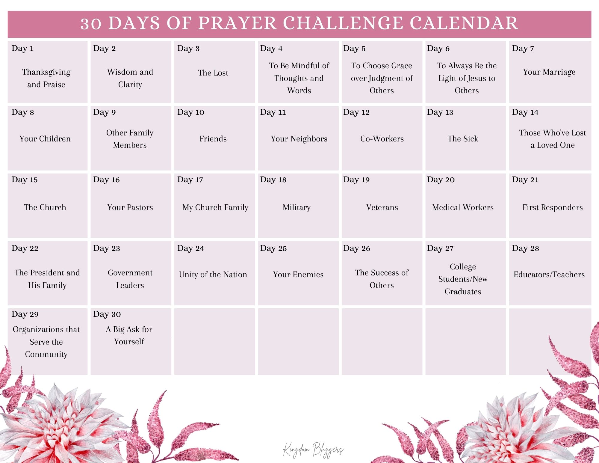work prayer calendar tempate 12