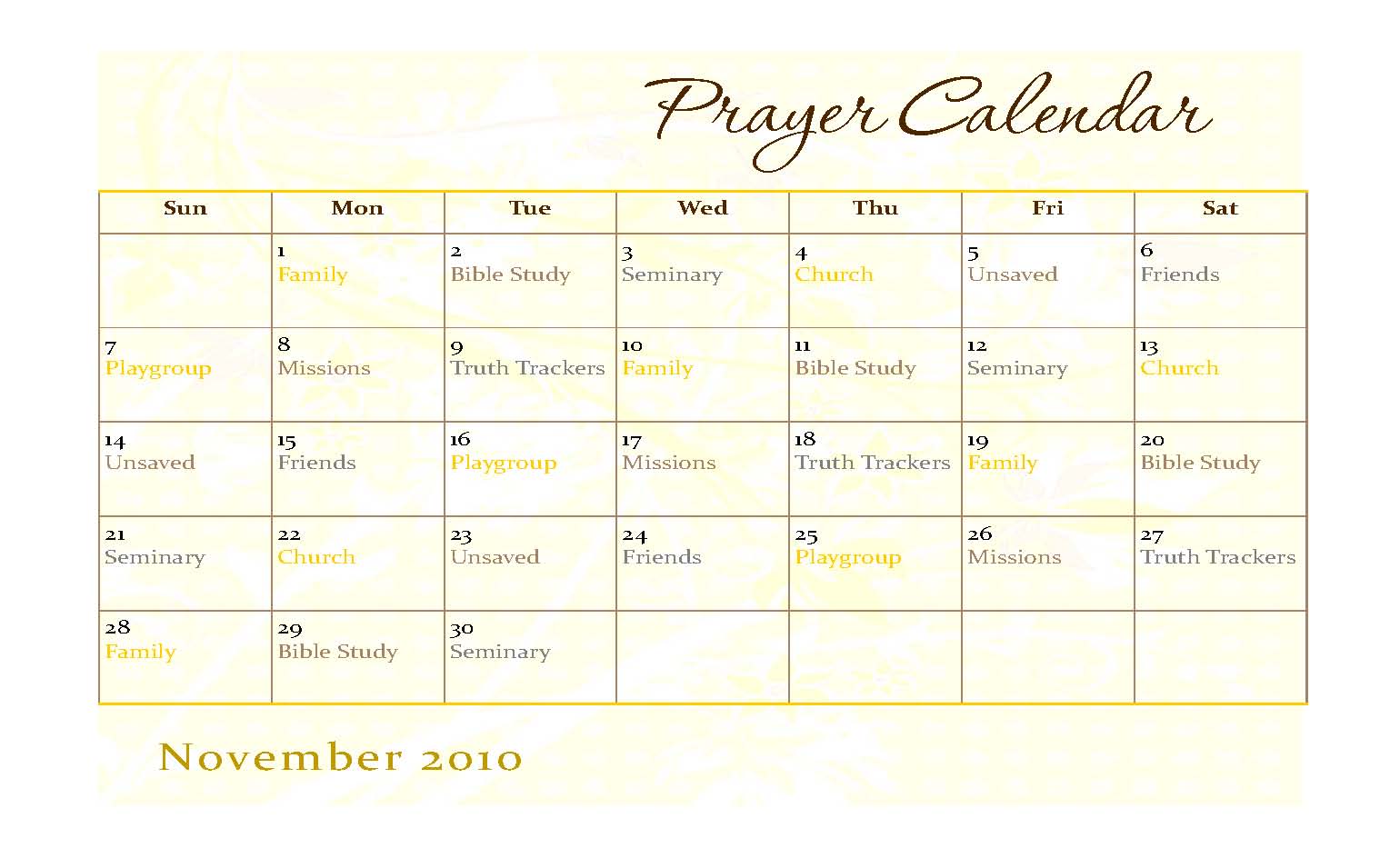 work prayer calendar tempate 13