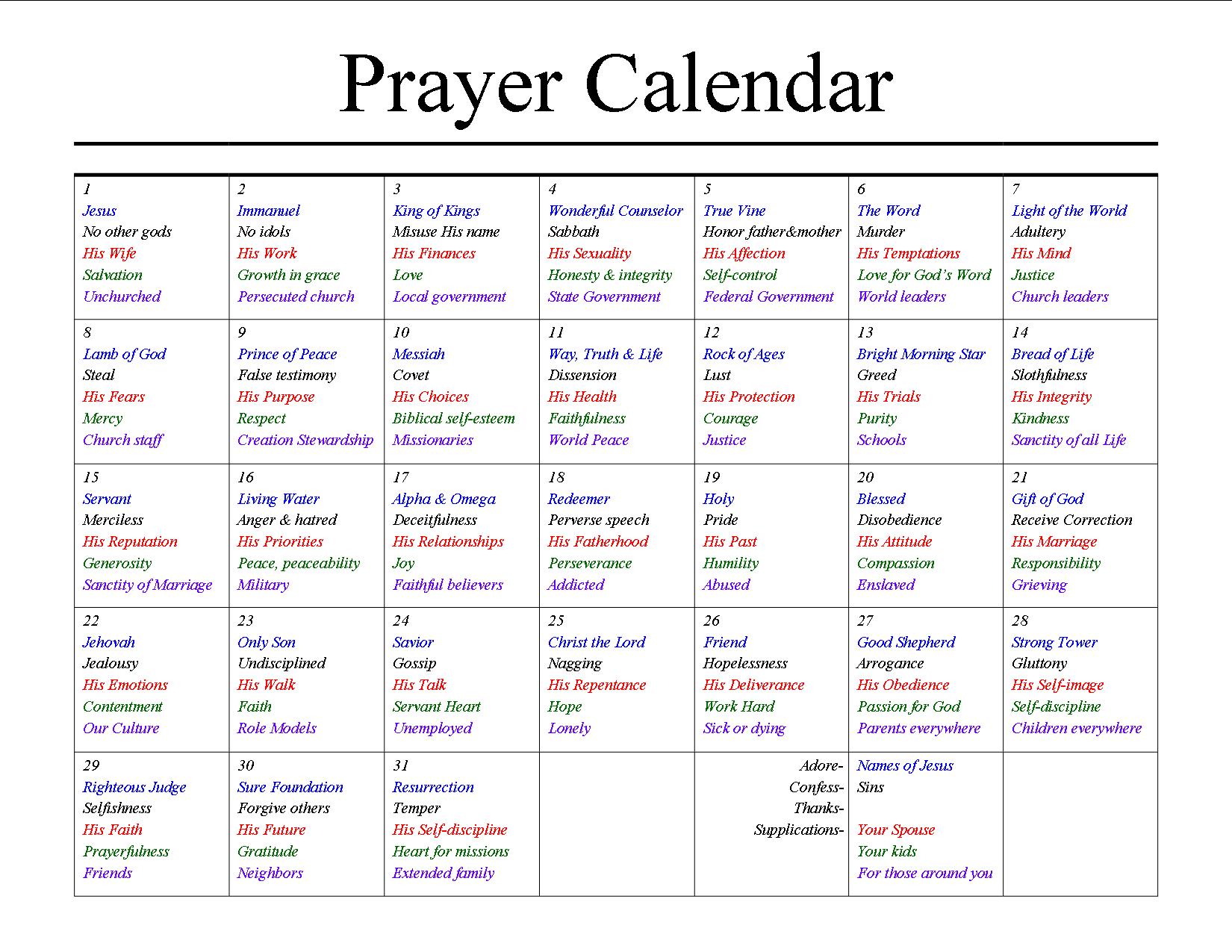 work prayer calendar tempate 2