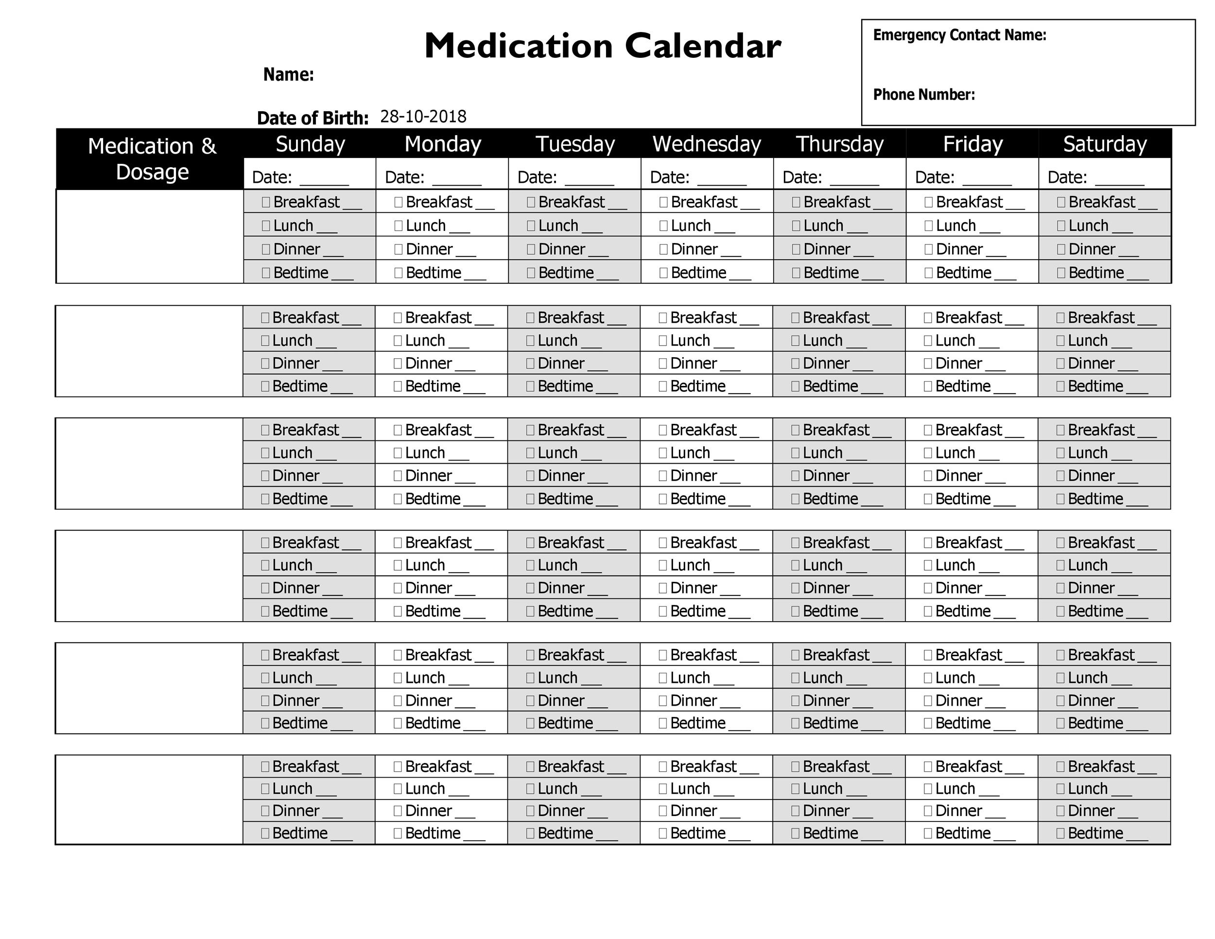 28 day calendar for multi dose medications 60
