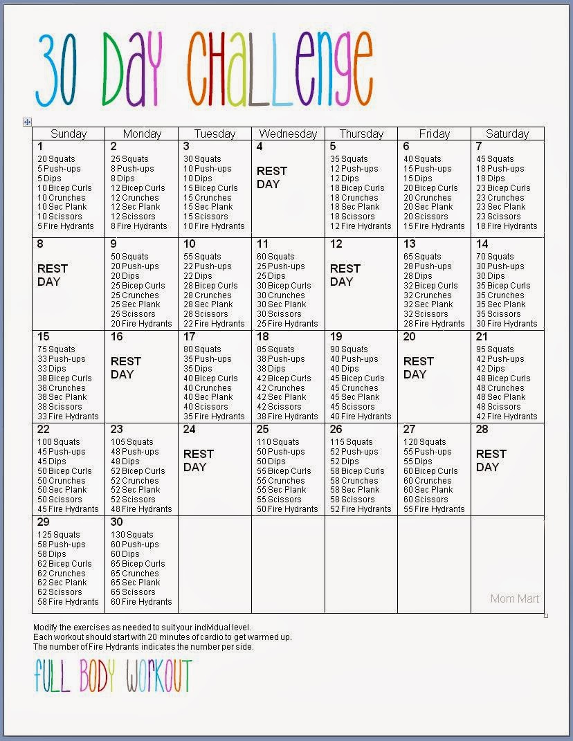 30 day printable workout schedule 12