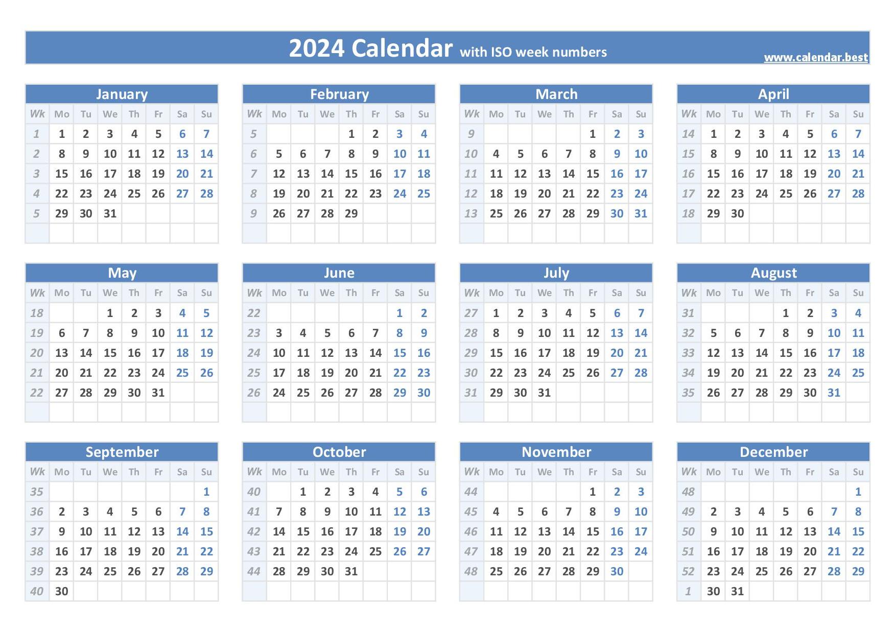 52 week numbered calendar 2024 1