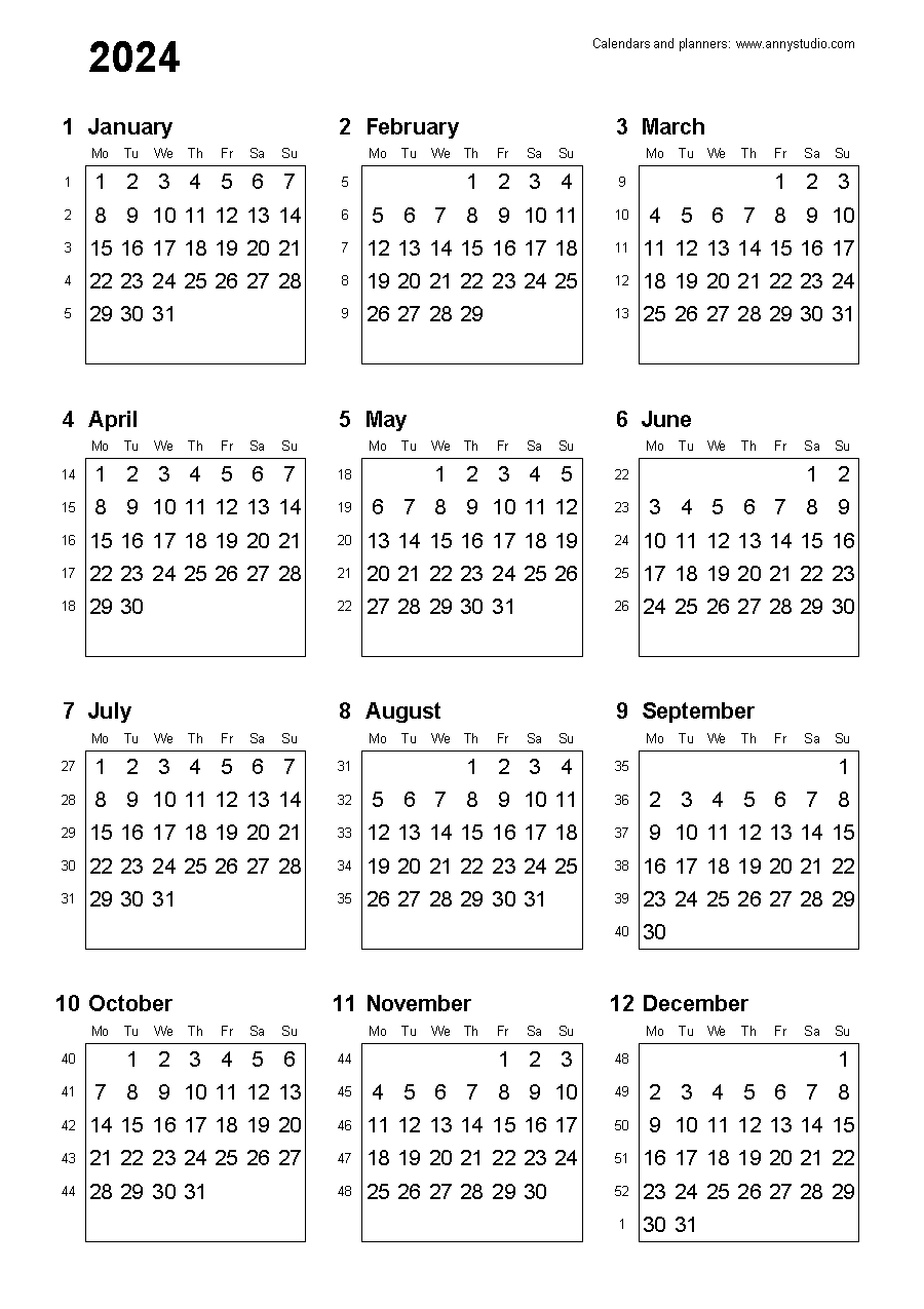 52 week numbered calendar 2024 10