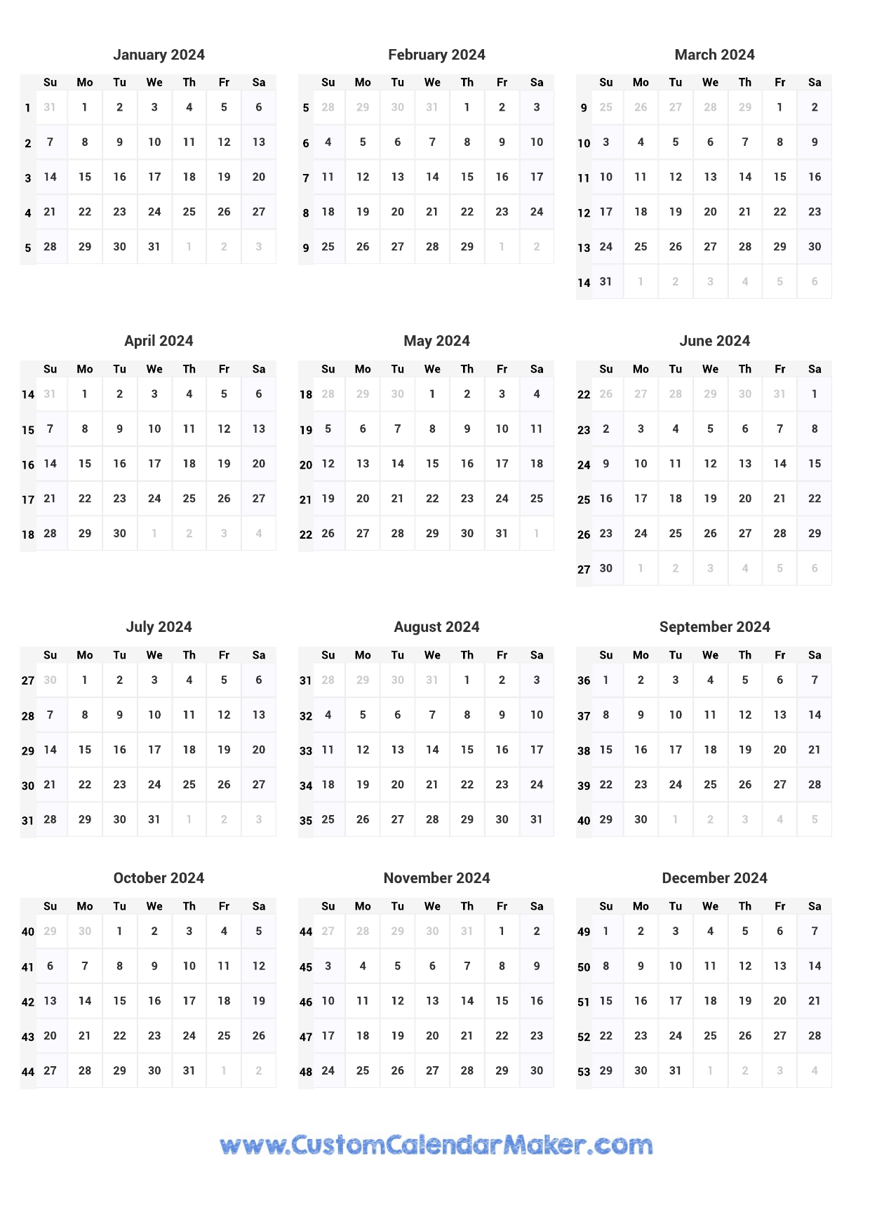 52 week numbered calendar 2024 2