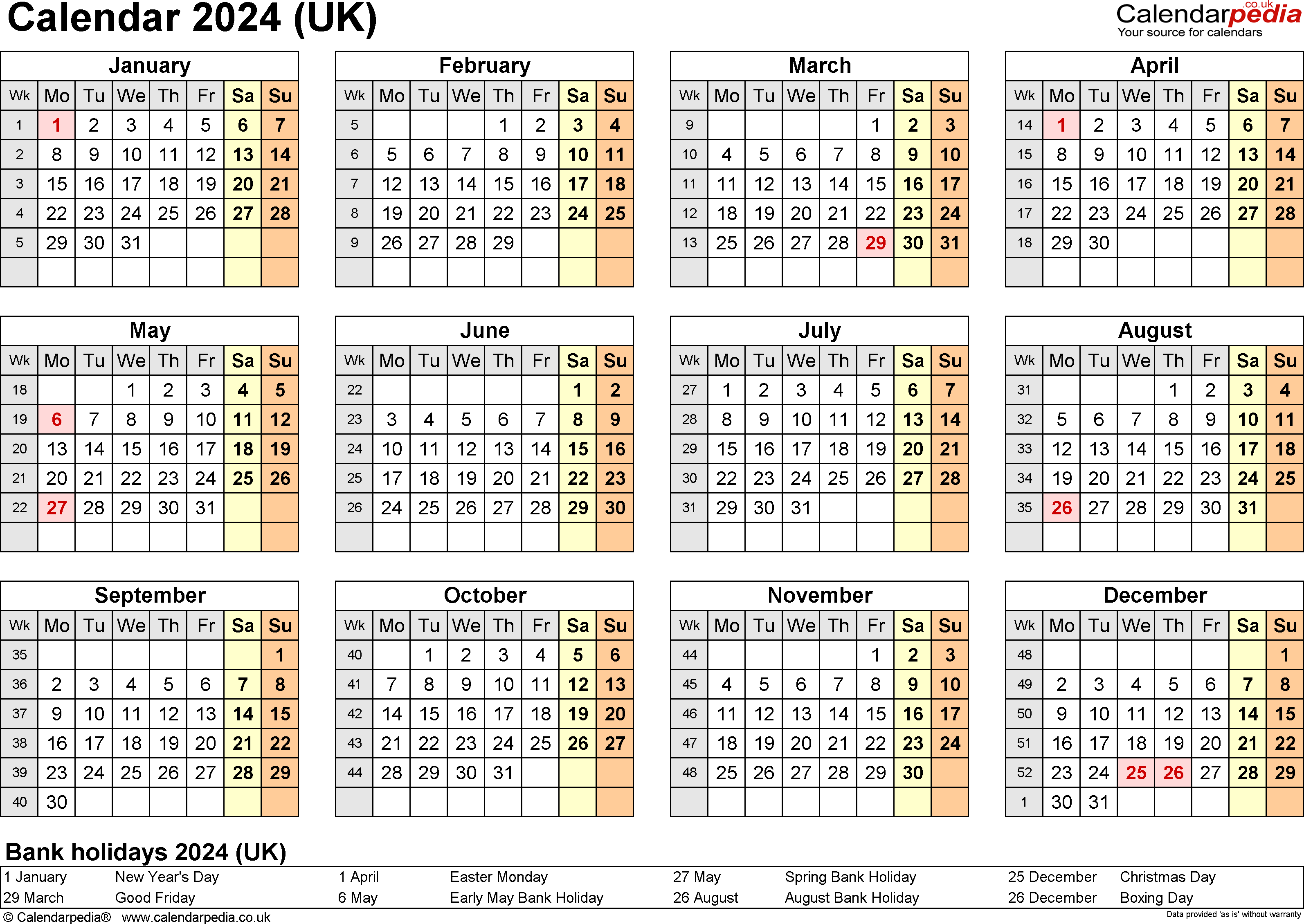 52 week numbered calendar 2024 5