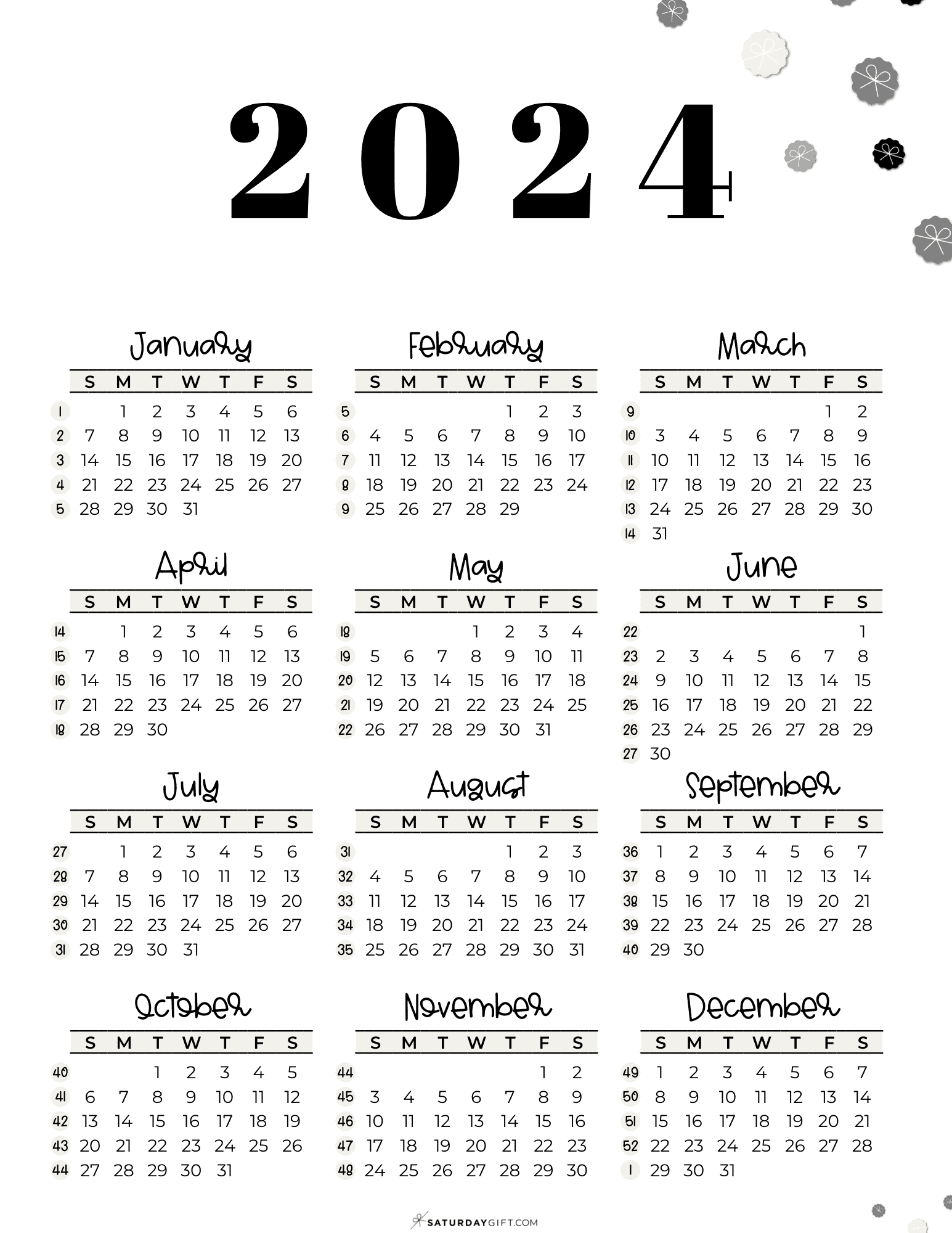 52 week numbered calendar 2024 7