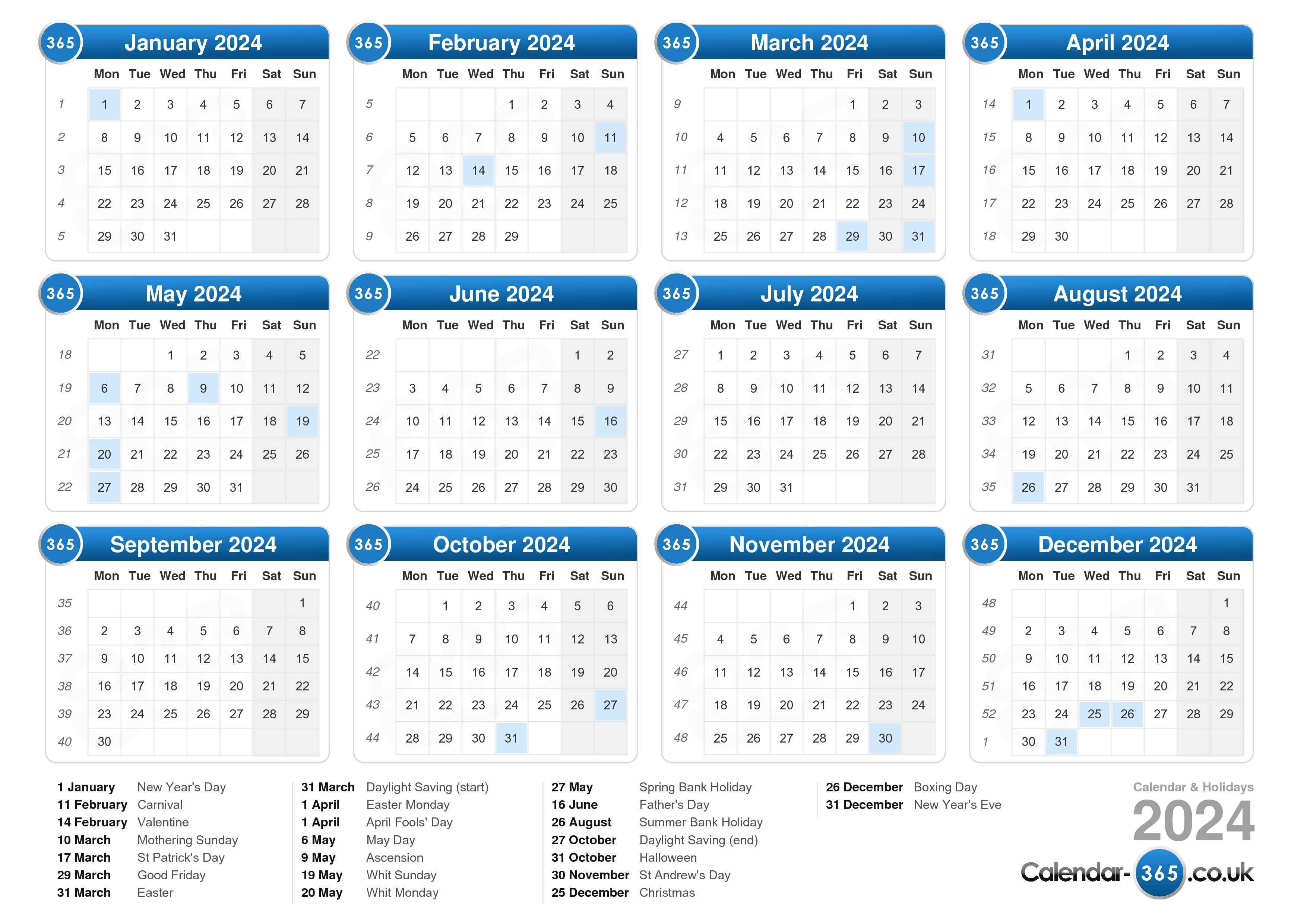 52 week numbered calendar 2024 8