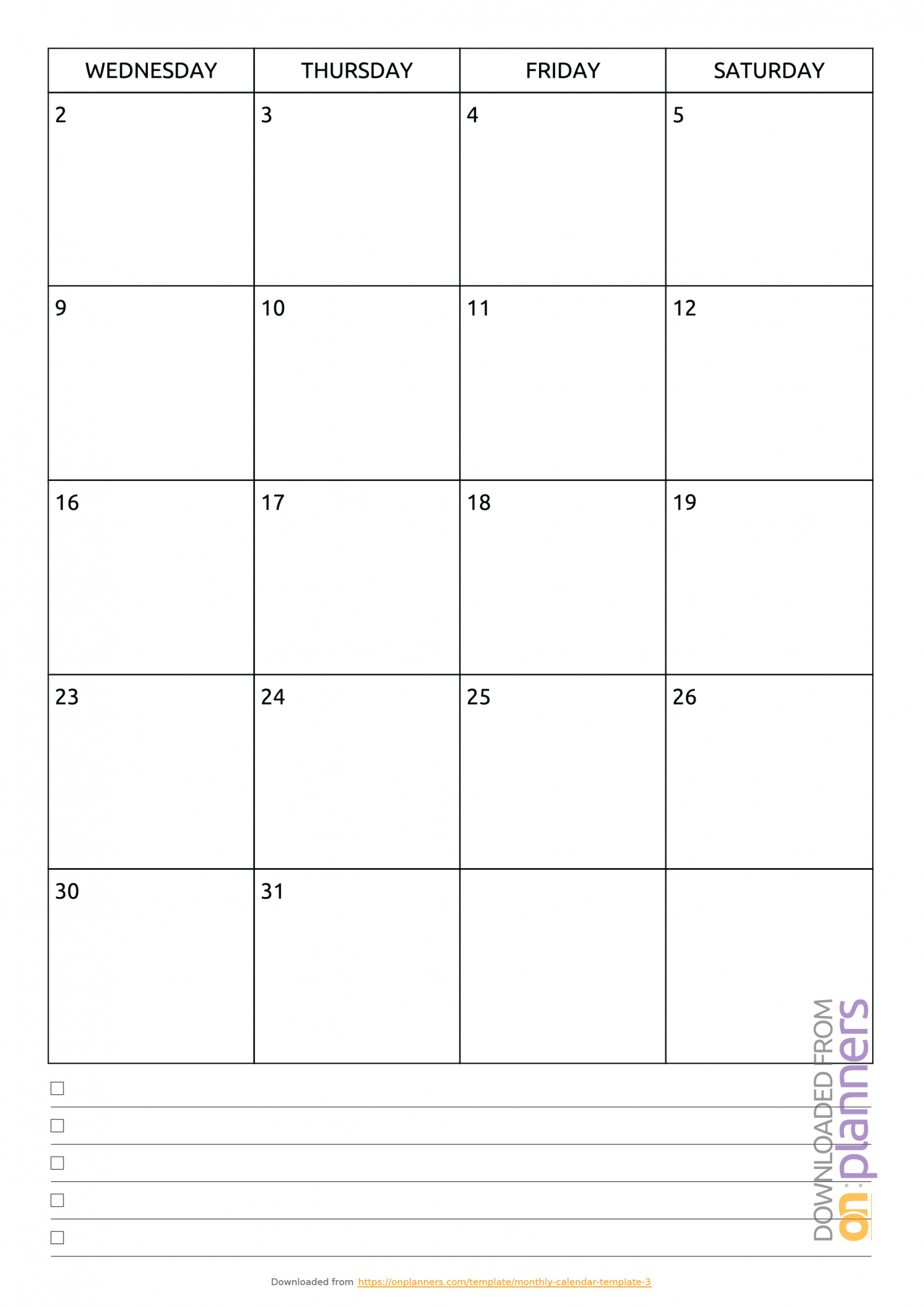 blank monthly calendar page without the year 20