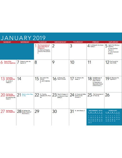 church calendar template free 3