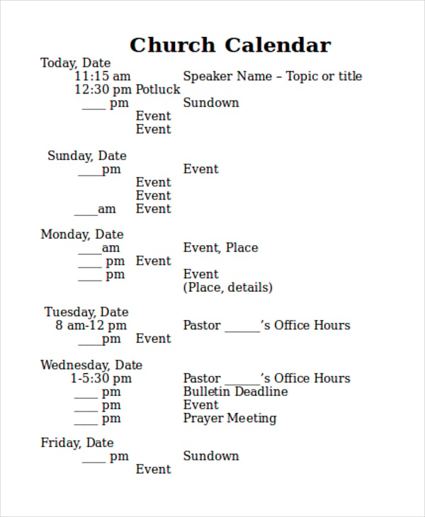 church calendar template free 33