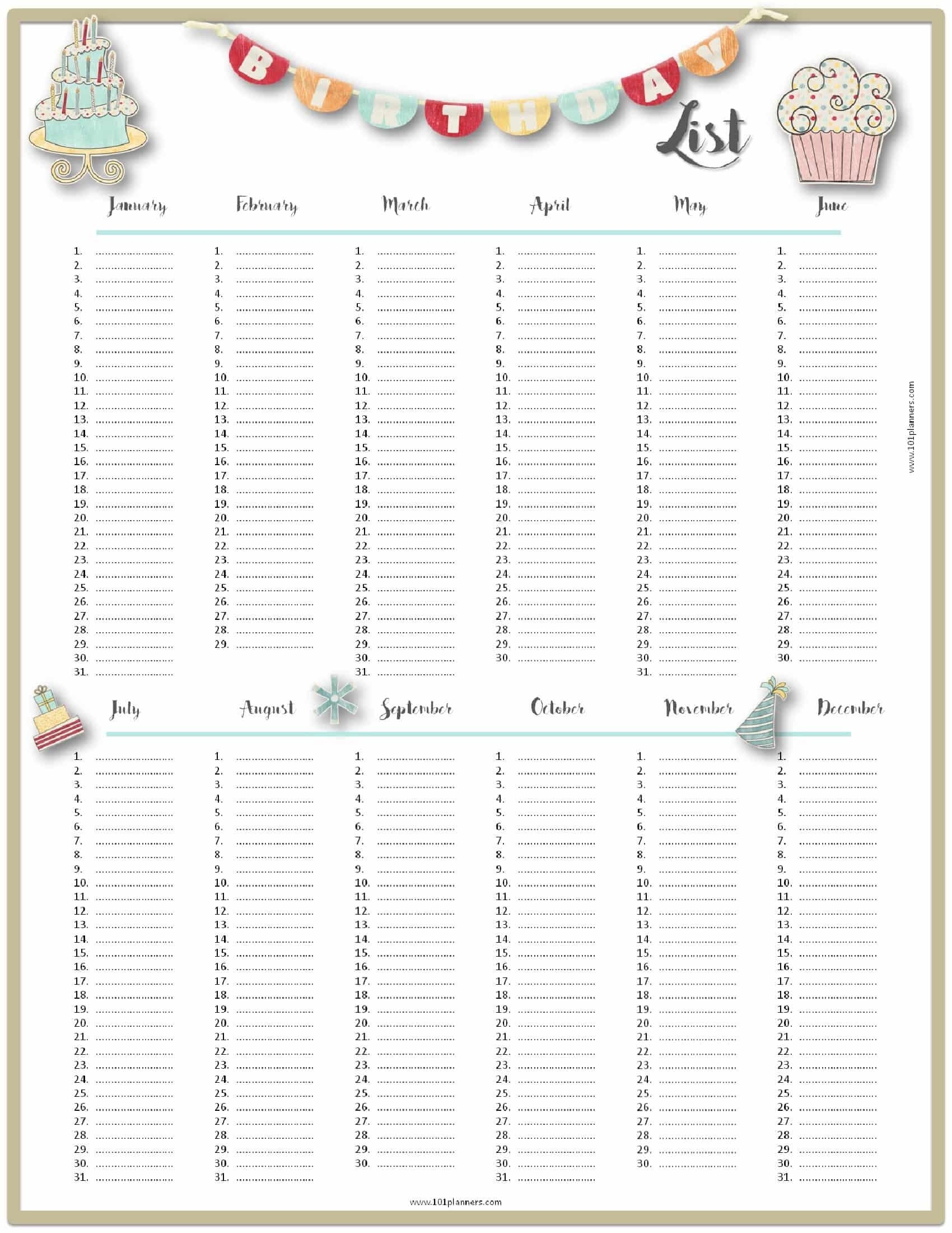 free calendar template for birthdays 31