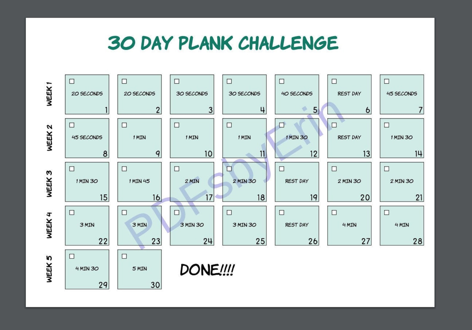 30 day plank challenge calendar printable 52
