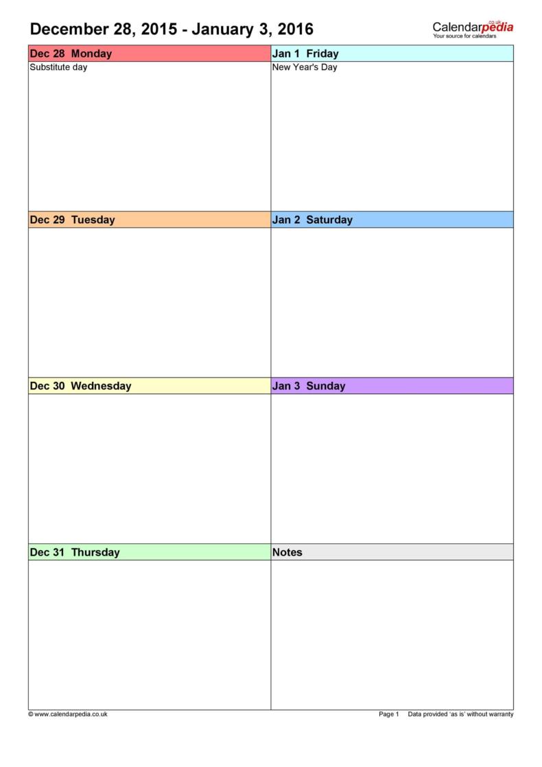 4 week calendar template with enterable date 31