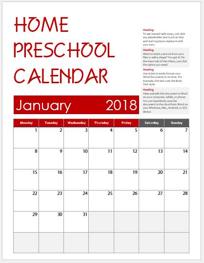 free editable preschool calendar template 11