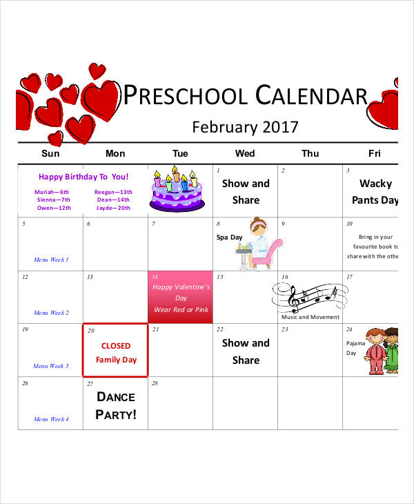 free editable preschool calendar template 16