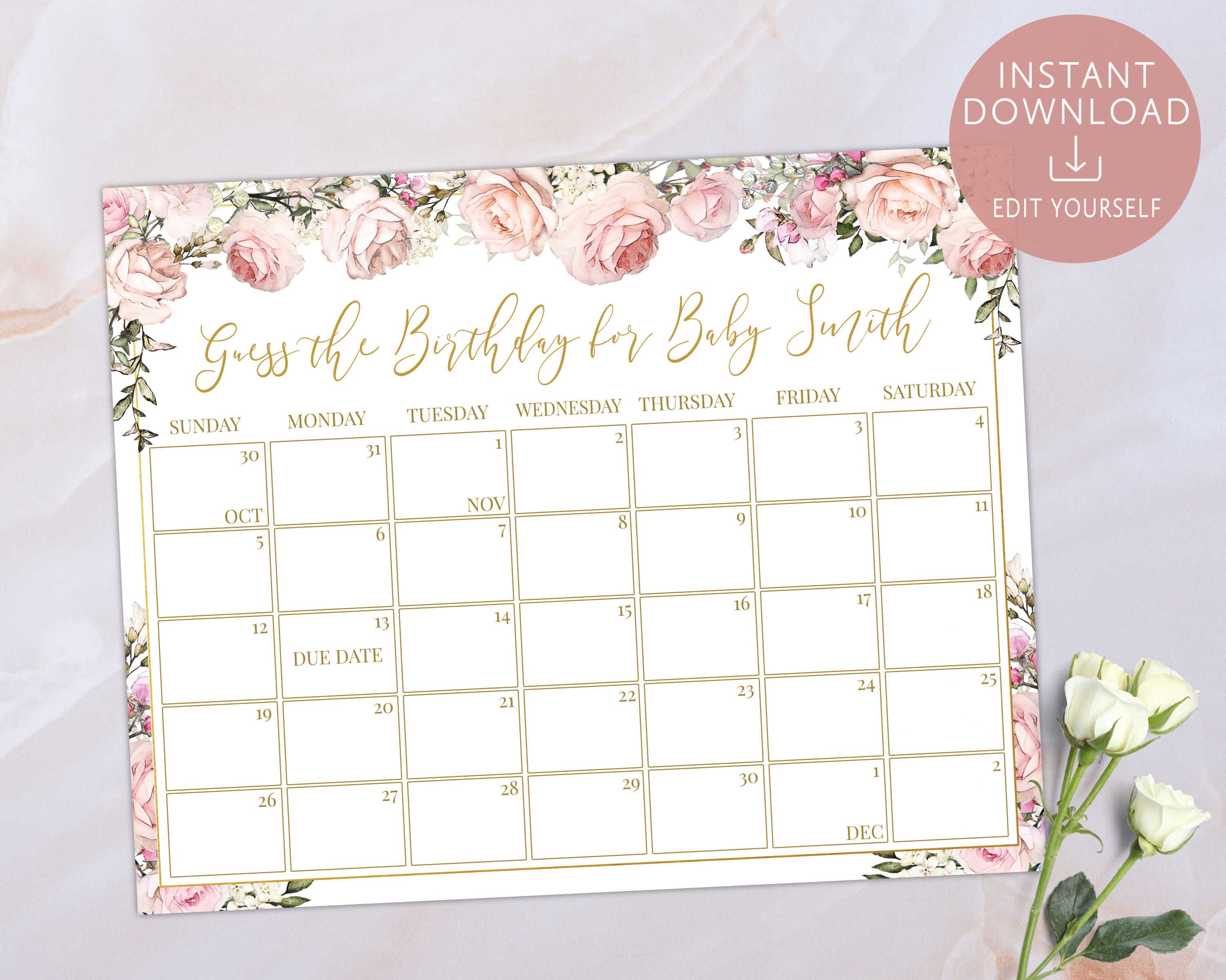 guess the due date calendar template free 28
