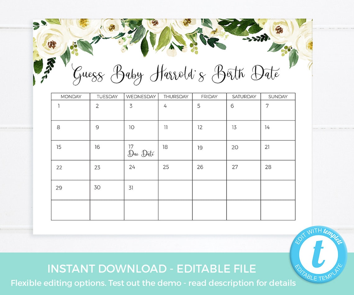 guess the due date calendar template free 3