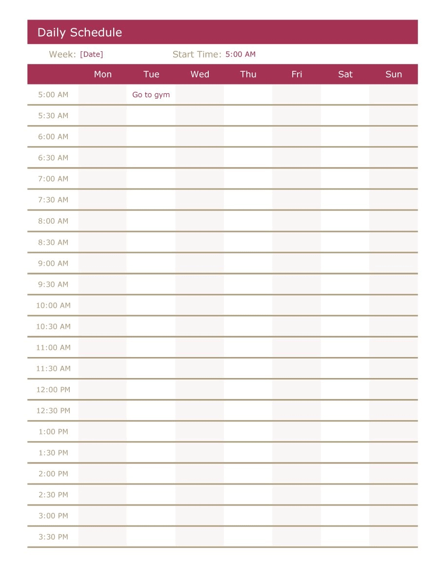 printable daily hourly schedule template 55