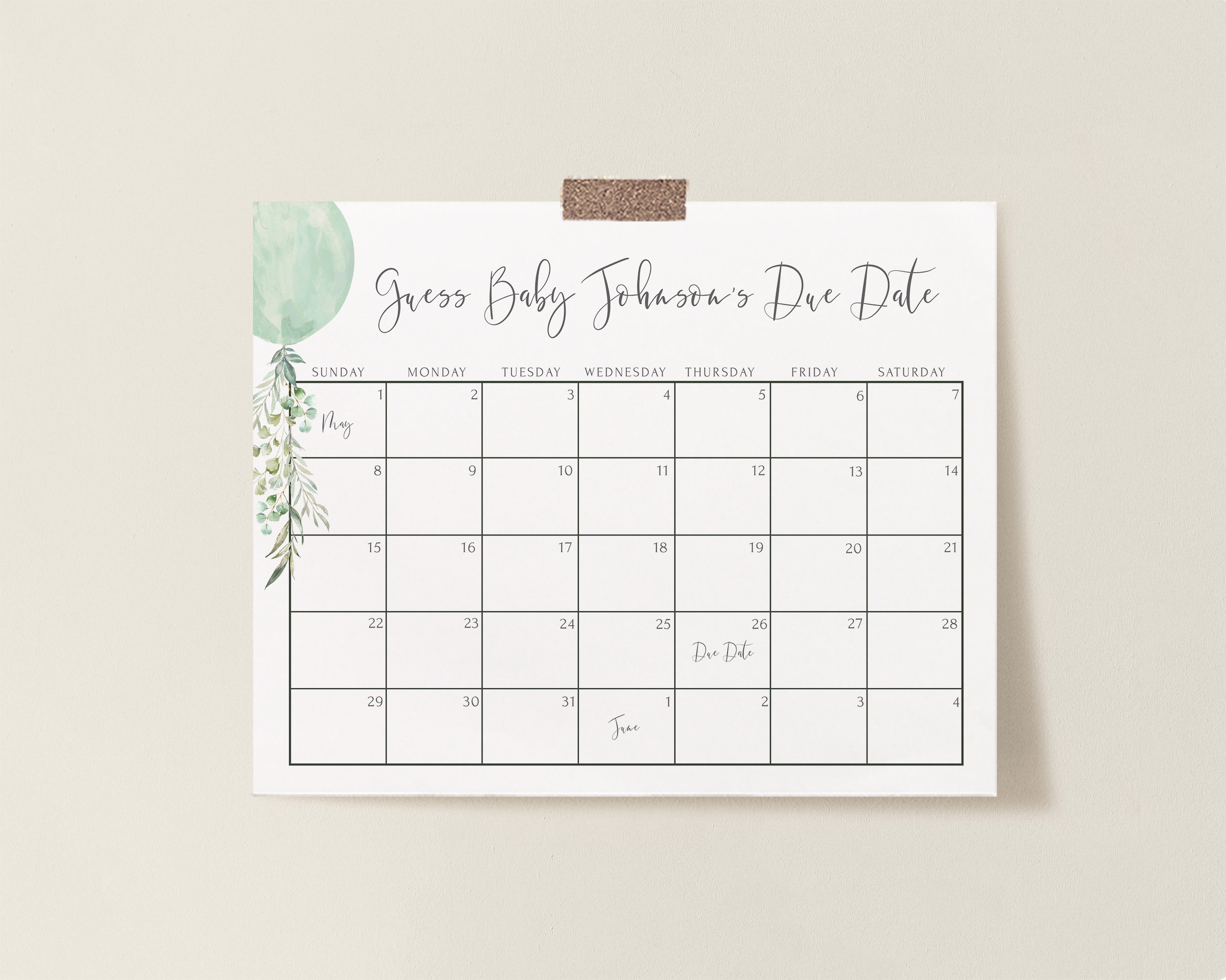 babies due date guess large print out 36