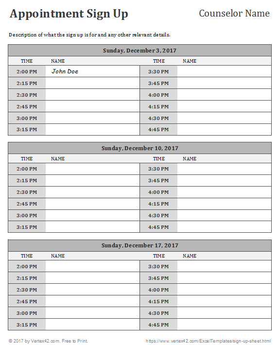 calendar sign up sheet template 4