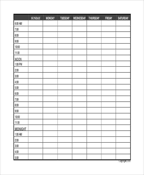 daily calendar with hours printable 20