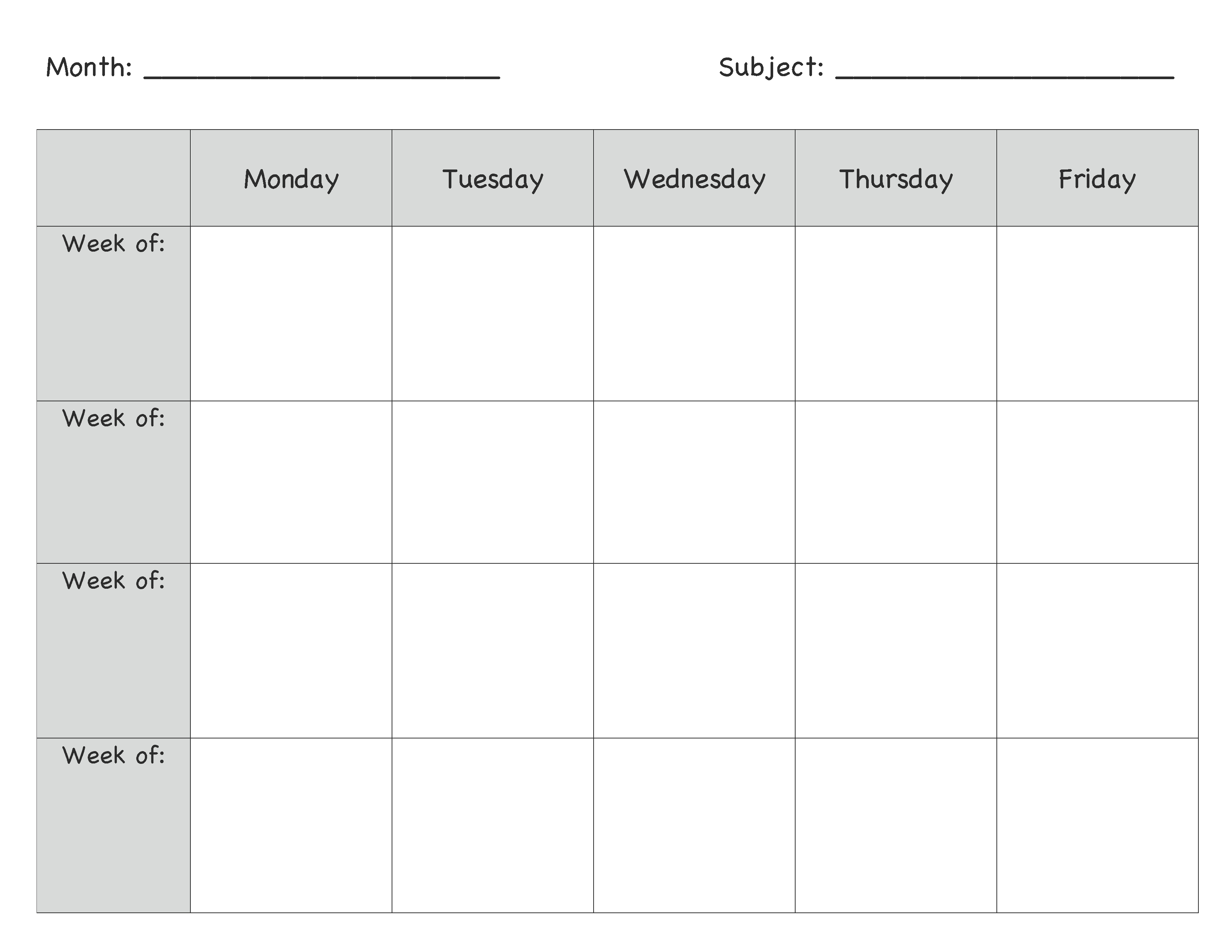 monday to friday blank kids schedule 16