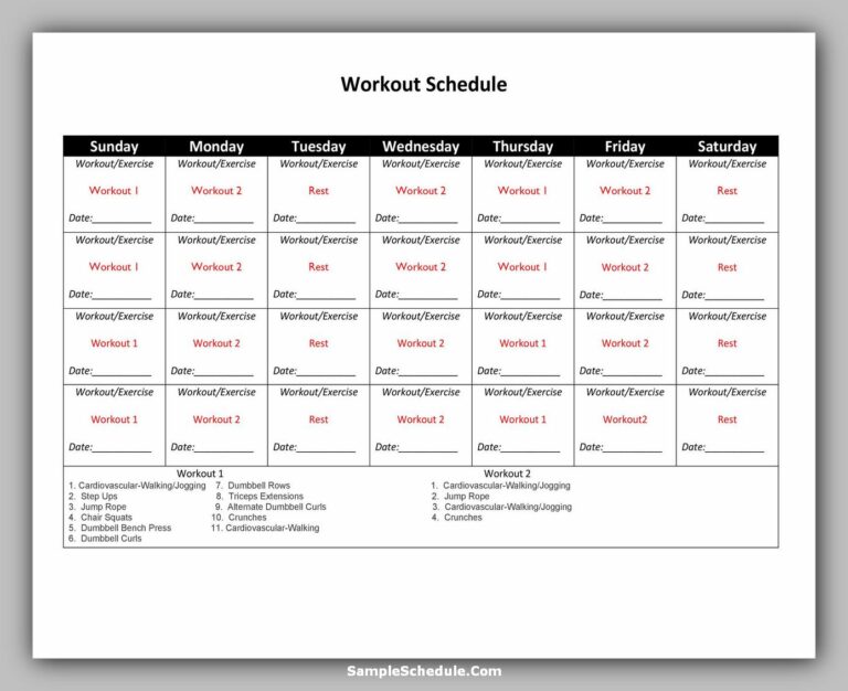 propsed calendar for work outs on excel 1