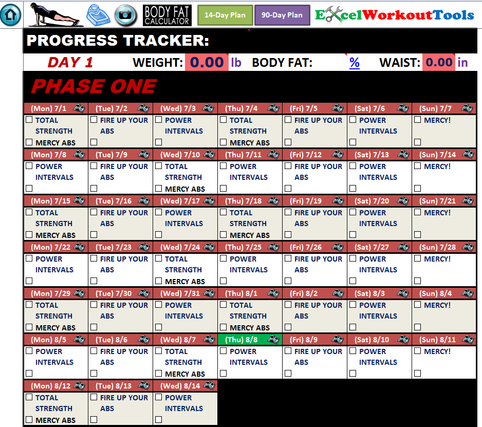 propsed calendar for work outs on excel 11