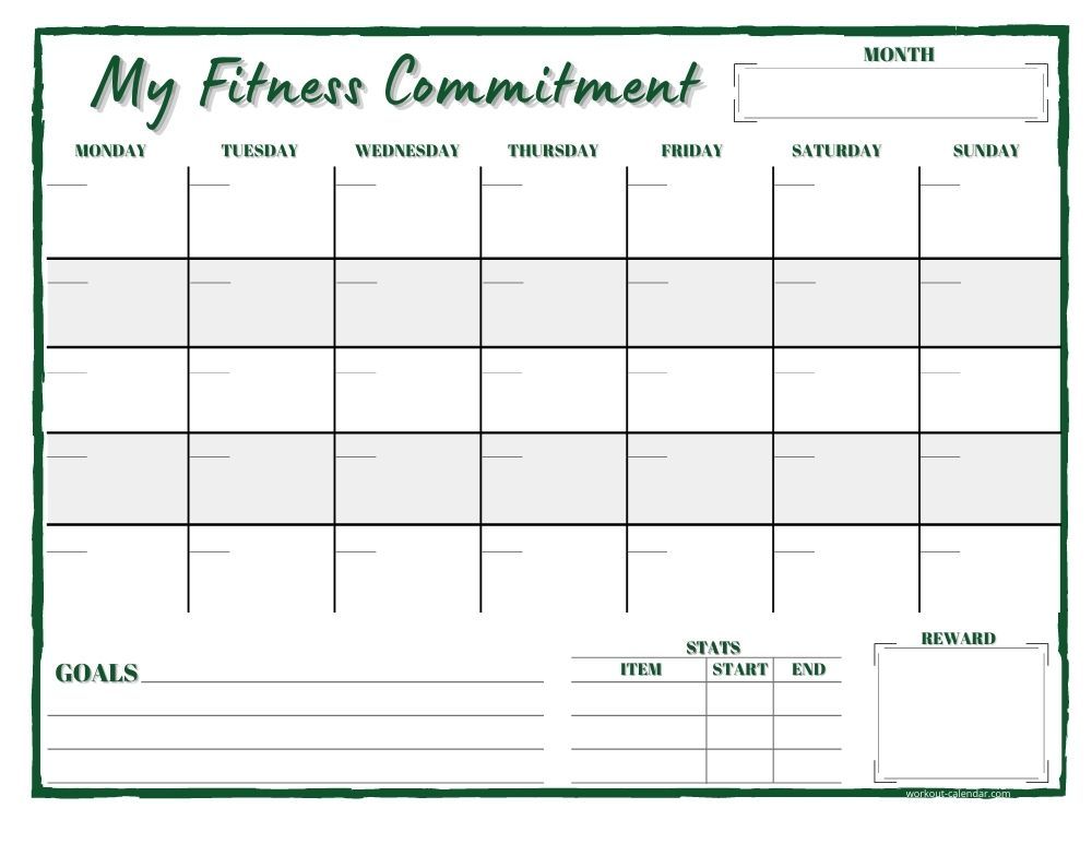 propsed calendar for work outs on excel 19