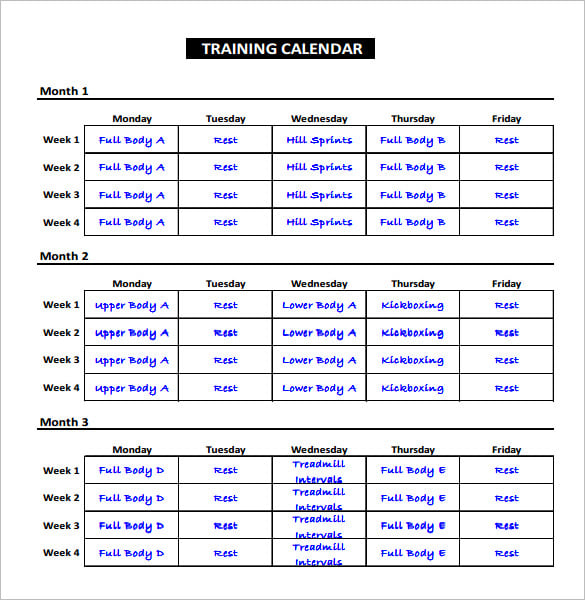 propsed calendar for work outs on excel 2