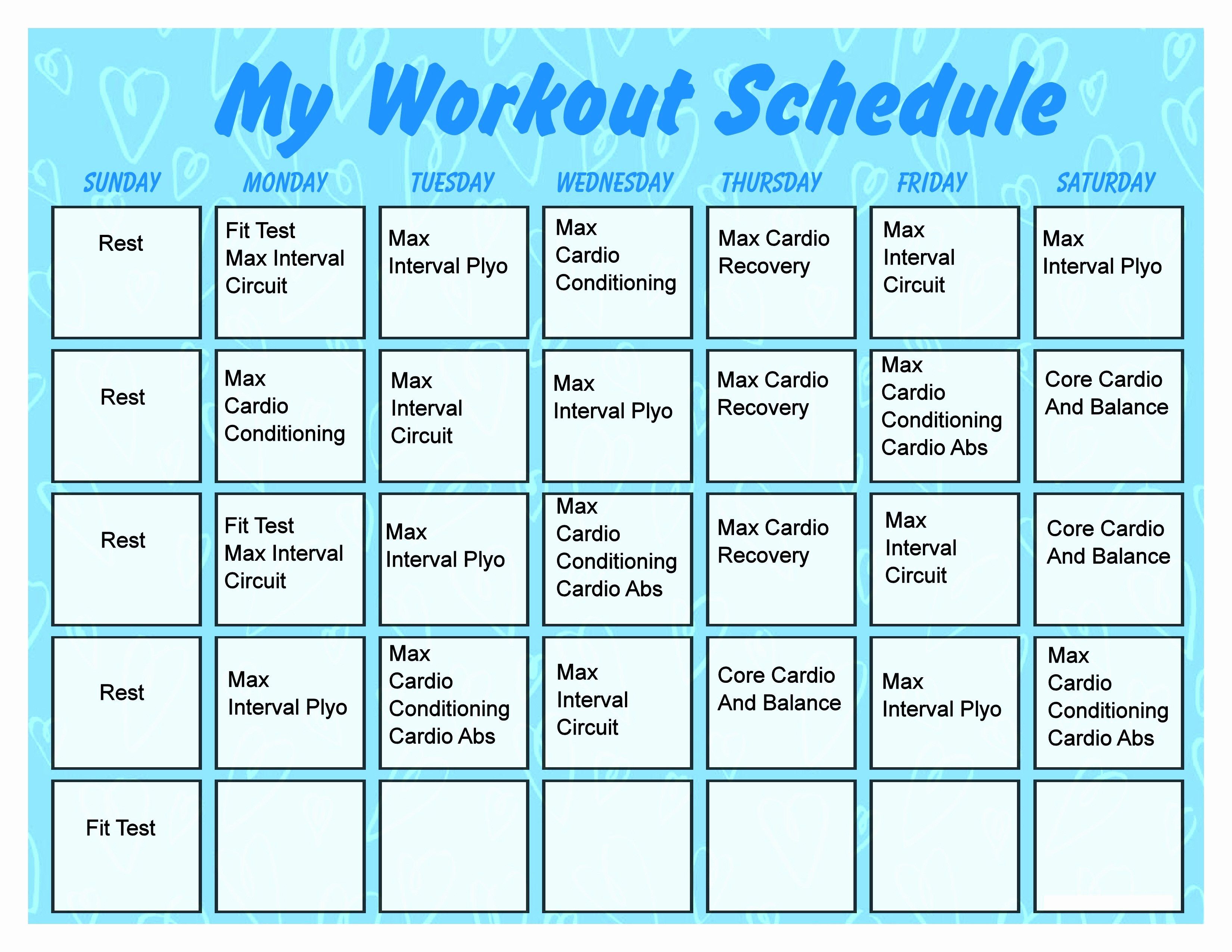 propsed calendar for work outs on excel 25