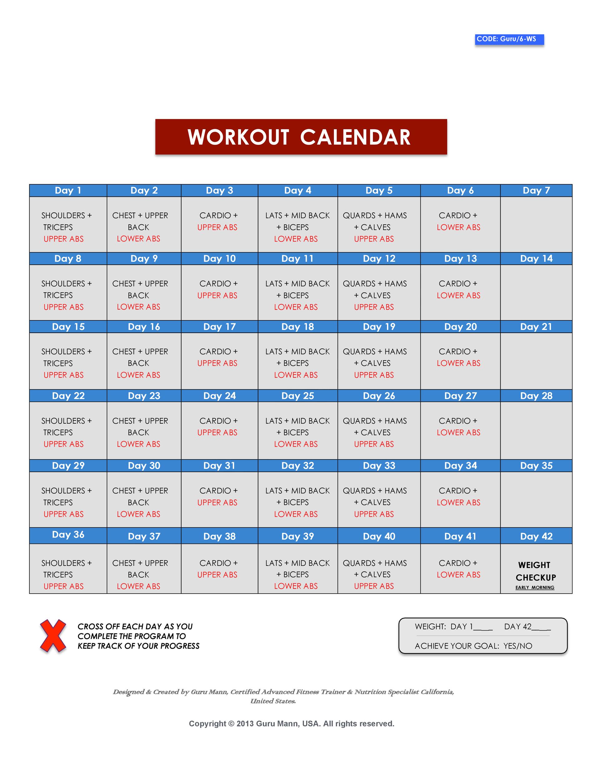 propsed calendar for work outs on excel 3