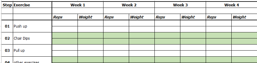 propsed calendar for work outs on excel 38