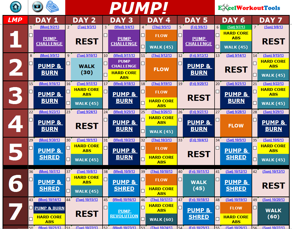 propsed calendar for work outs on excel 46