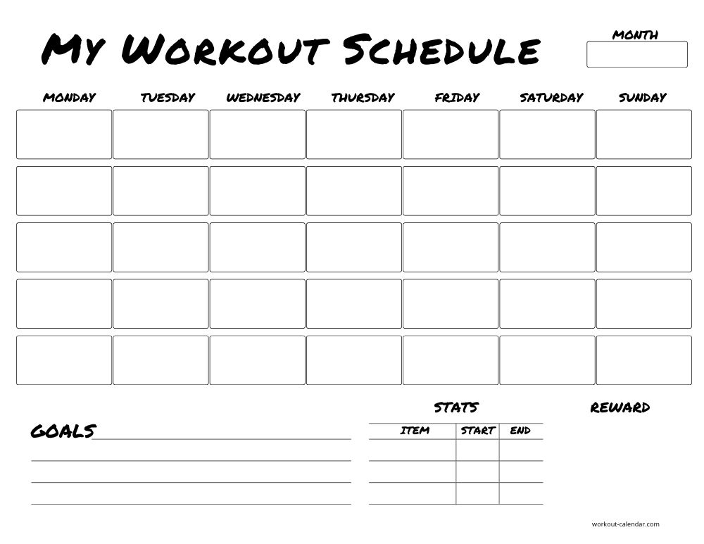 propsed calendar for work outs on excel 52