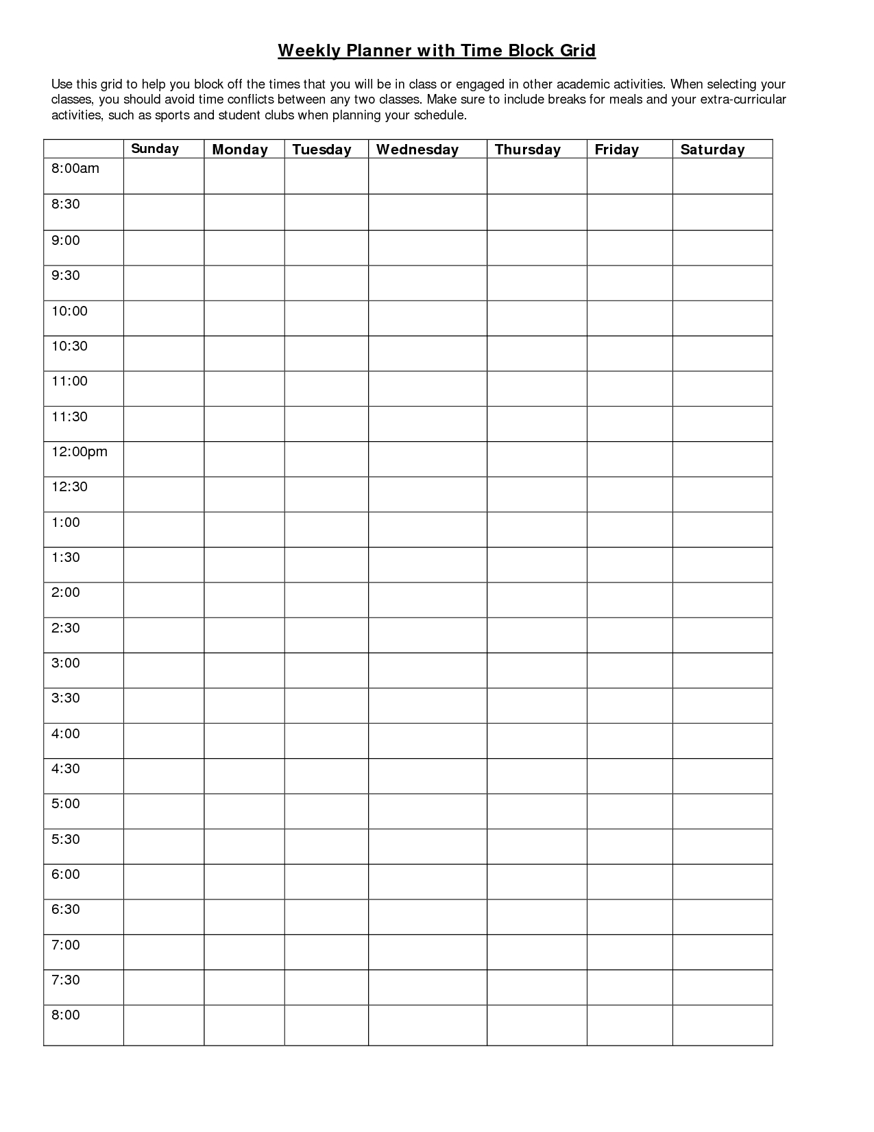weekly time slots with schedule 45