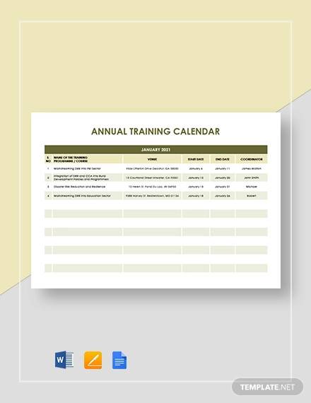 annual training calendar template 2