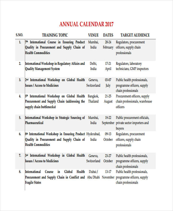 annual training calendar template 22