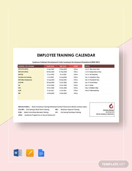 annual training calendar template 24