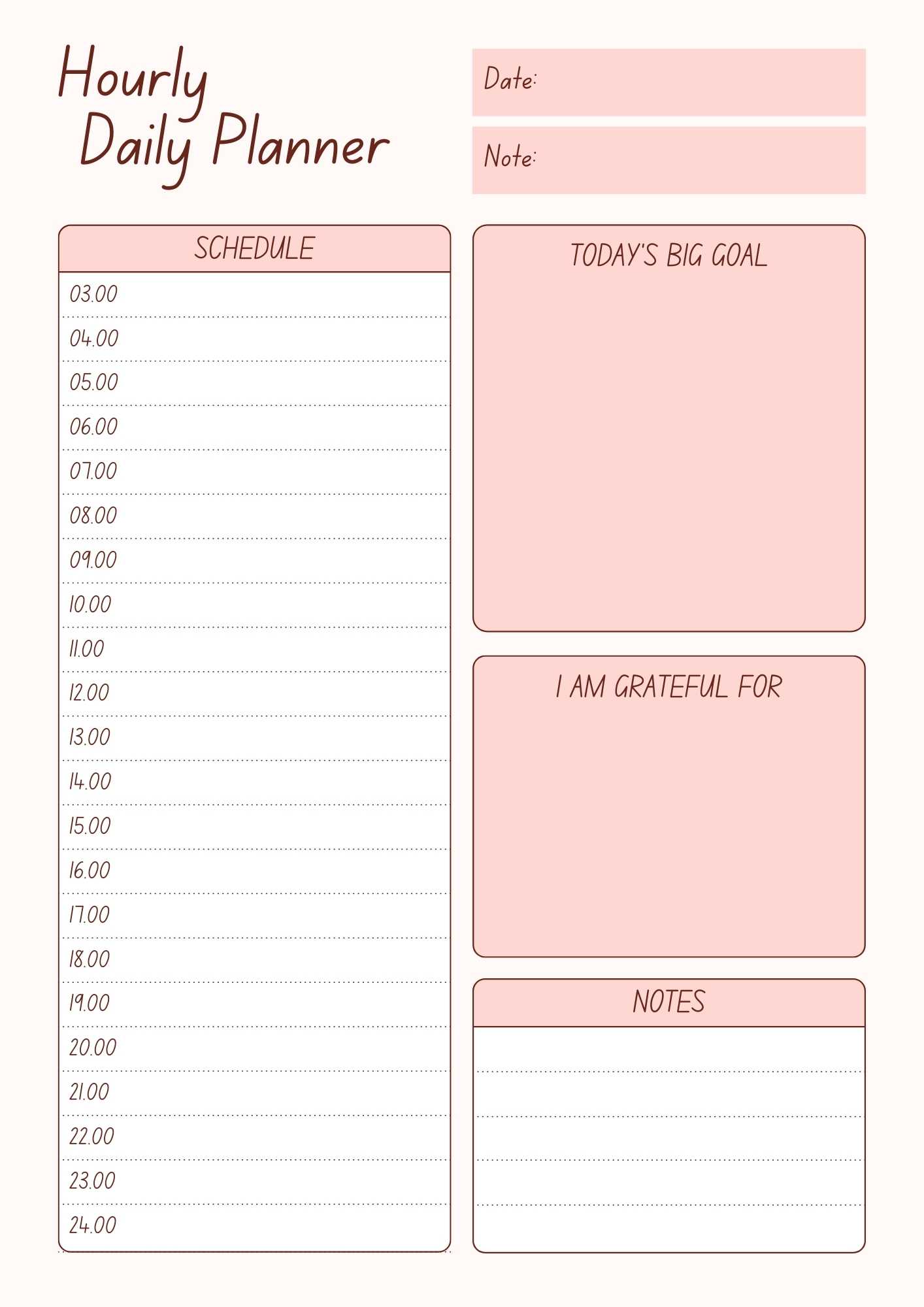 daily calendar by hour printable 6