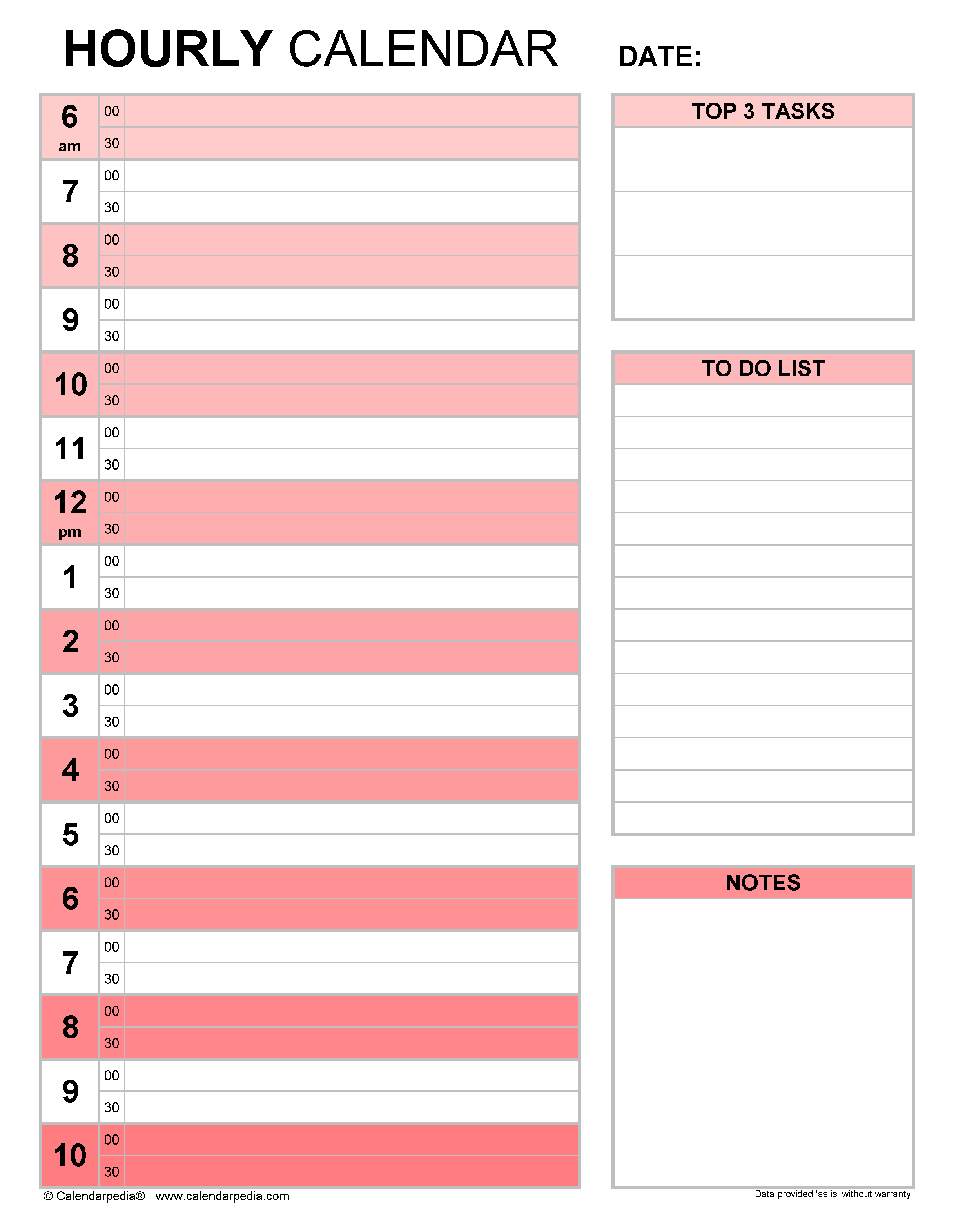 daily calendar template by hour 7