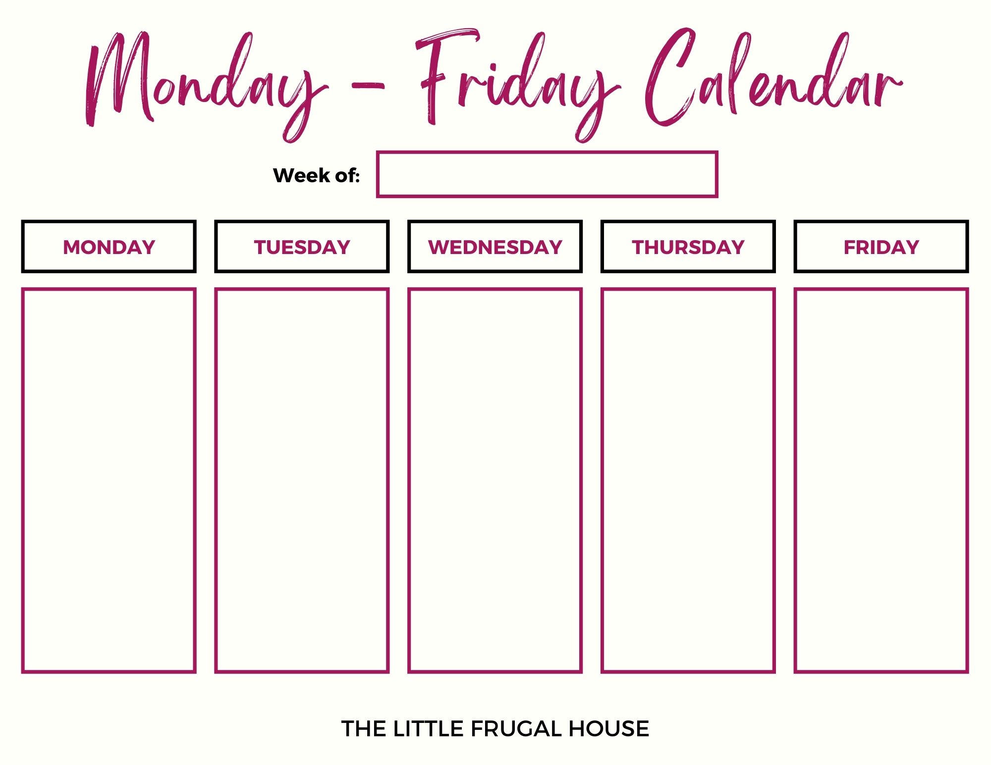 monday through friday quick printable calendar 2