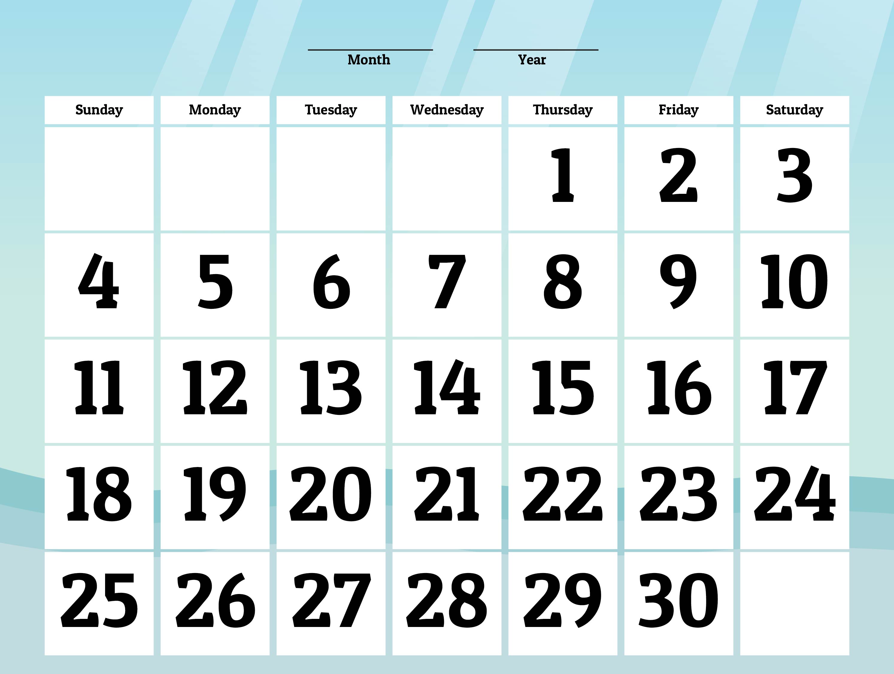 printable blank 30 day calendar 9