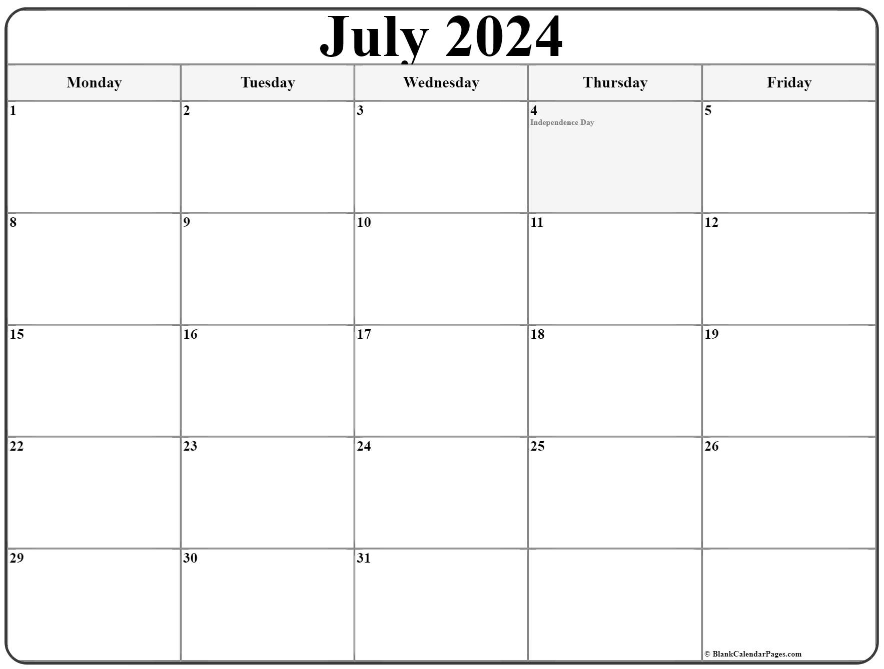 july calendar with monday through friday only 1