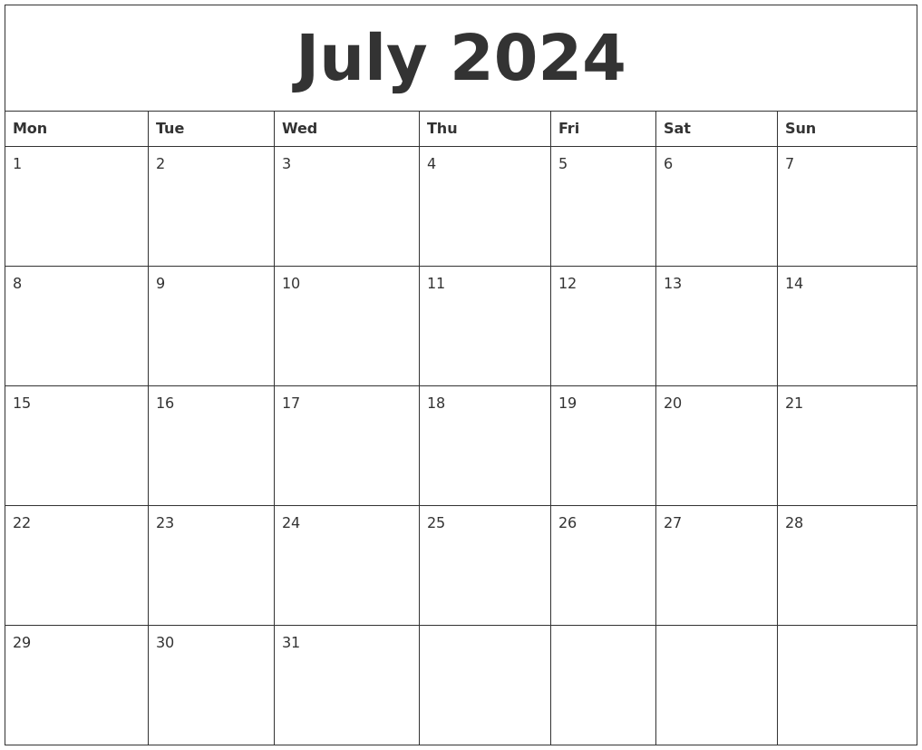 july calendar with monday through friday only 22